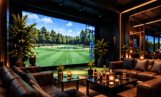 The lounge with sofas facing the golf simulator screen