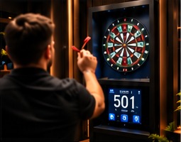 A man throwing at the interactive darts board