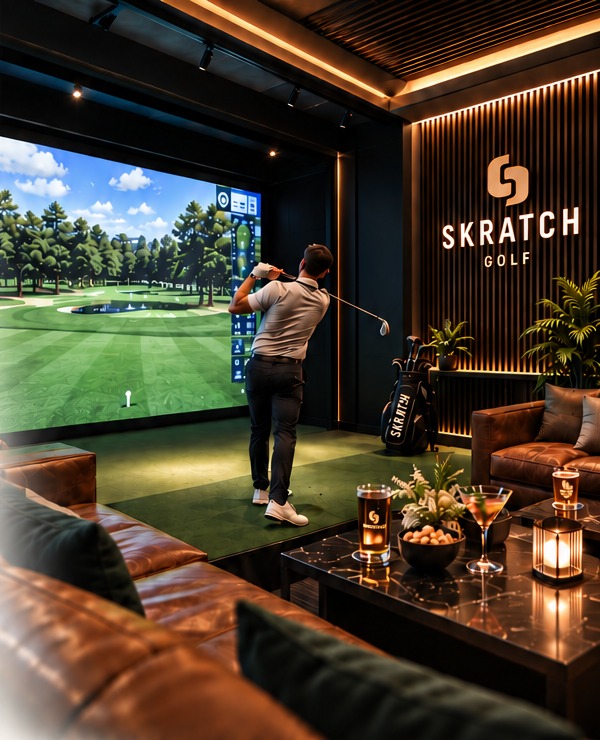 A man swinging at the golf simulator in the Skratch Golf lounge, with leather sofas and drinks in front